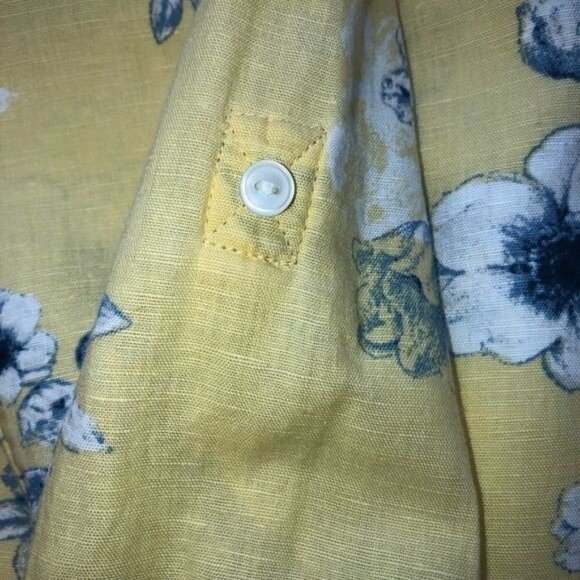 Charter Club Size S Linen Button Front Floral Blue Print Yellow Long Sleeve - Picture 7 of 8